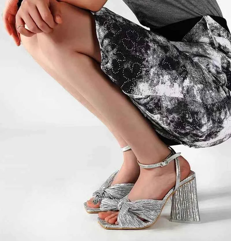 Pleated Butterfly-Knot Gladiator Sandals - Peep-Toe High Heels with Buckle Strap