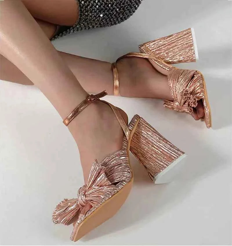 Pleated Butterfly-Knot Gladiator Sandals - Peep-Toe High Heels with Buckle Strap