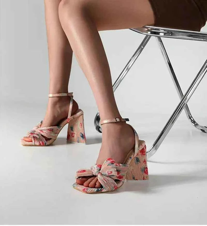 Pleated Butterfly-Knot Gladiator Sandals - Peep-Toe High Heels with Buckle Strap