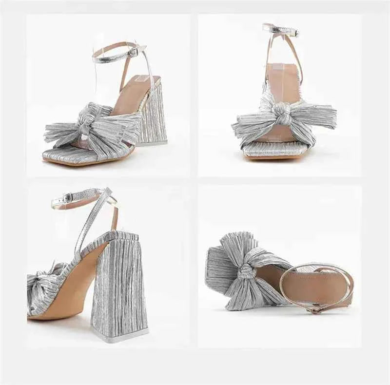Pleated Butterfly-Knot Gladiator Sandals - Peep-Toe High Heels with Buckle Strap