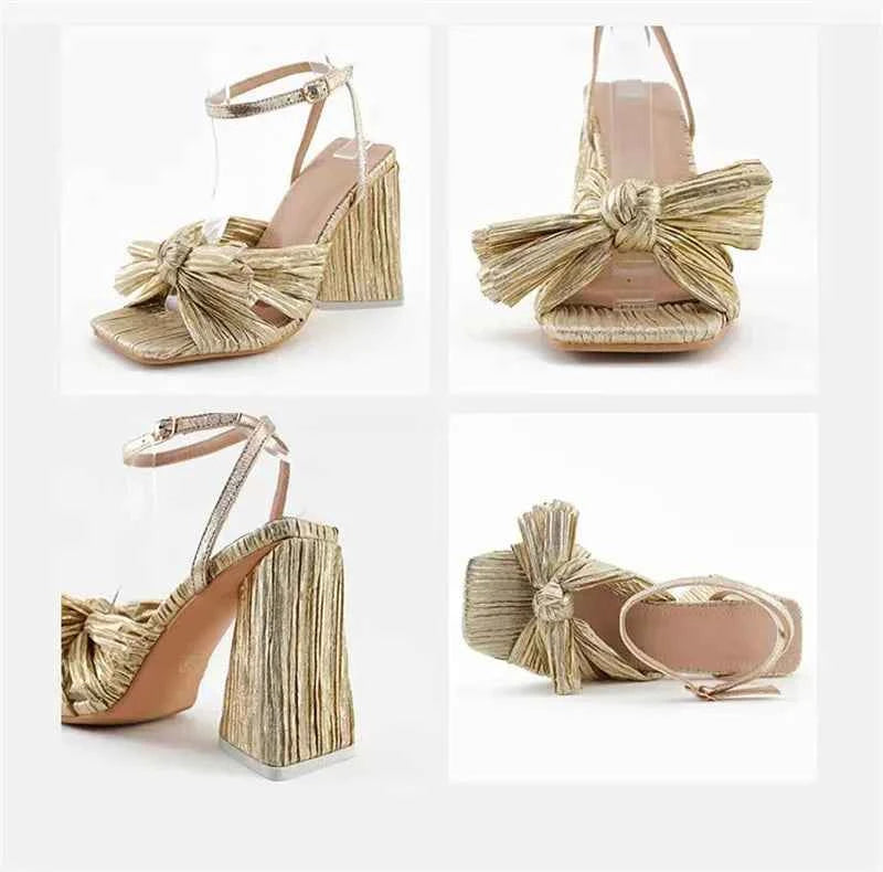 Pleated Butterfly-Knot Gladiator Sandals - Peep-Toe High Heels with Buckle Strap