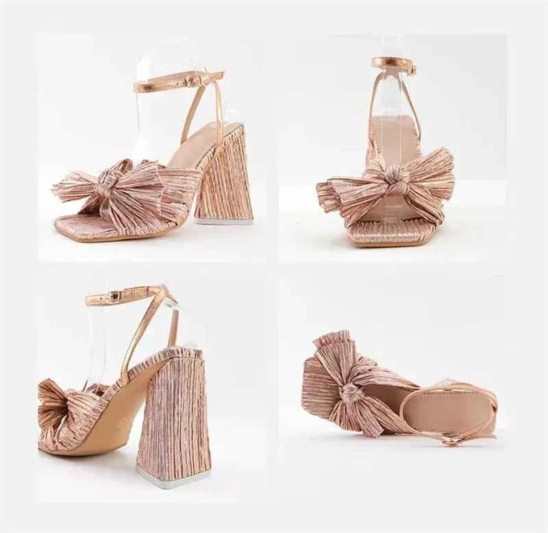 Pleated Butterfly-Knot Gladiator Sandals - Peep-Toe High Heels with Buckle Strap