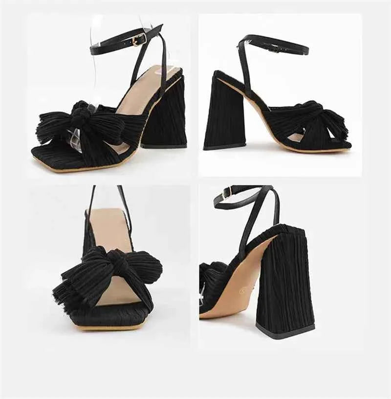 Pleated Butterfly-Knot Gladiator Sandals - Peep-Toe High Heels with Buckle Strap