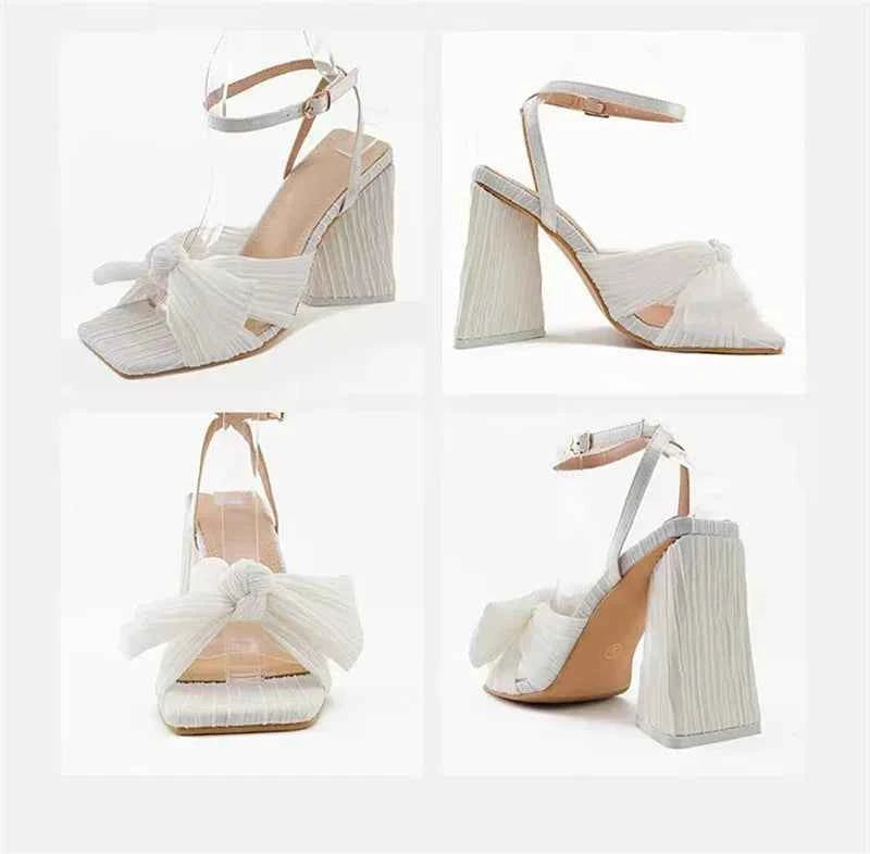 Pleated Butterfly-Knot Gladiator Sandals - Peep-Toe High Heels with Buckle Strap