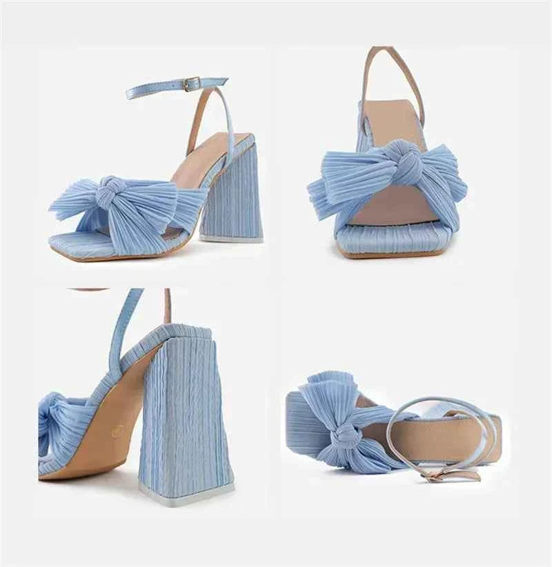 Pleated Butterfly-Knot Gladiator Sandals - Peep-Toe High Heels with Buckle Strap