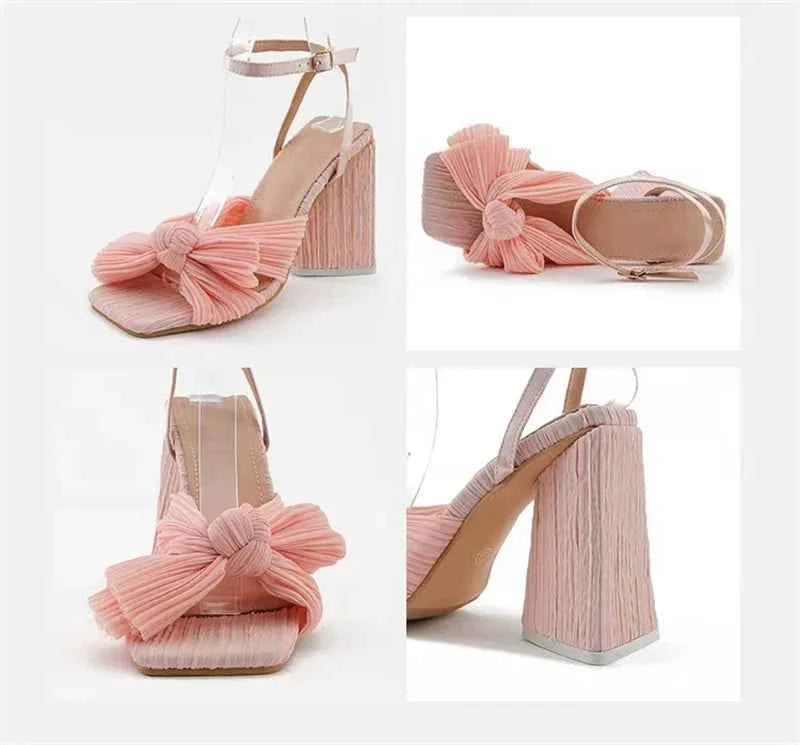 Pleated Butterfly-Knot Gladiator Sandals - Peep-Toe High Heels with Buckle Strap