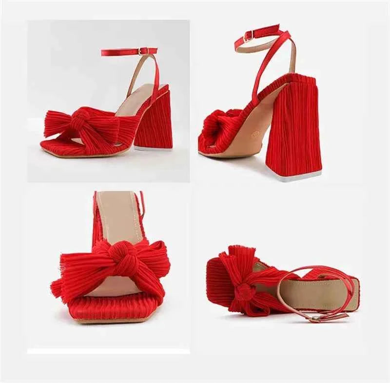 Pleated Butterfly-Knot Gladiator Sandals - Peep-Toe High Heels with Buckle Strap