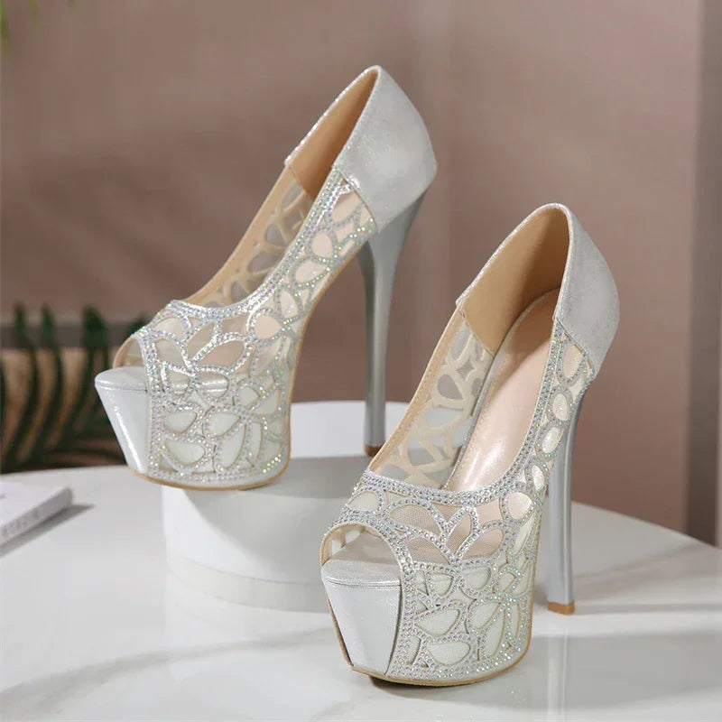 VougeVamp Elegant Peep Toe Crystal Rhinestone Pumps - High Heel Platform Slingbacks for Weddings