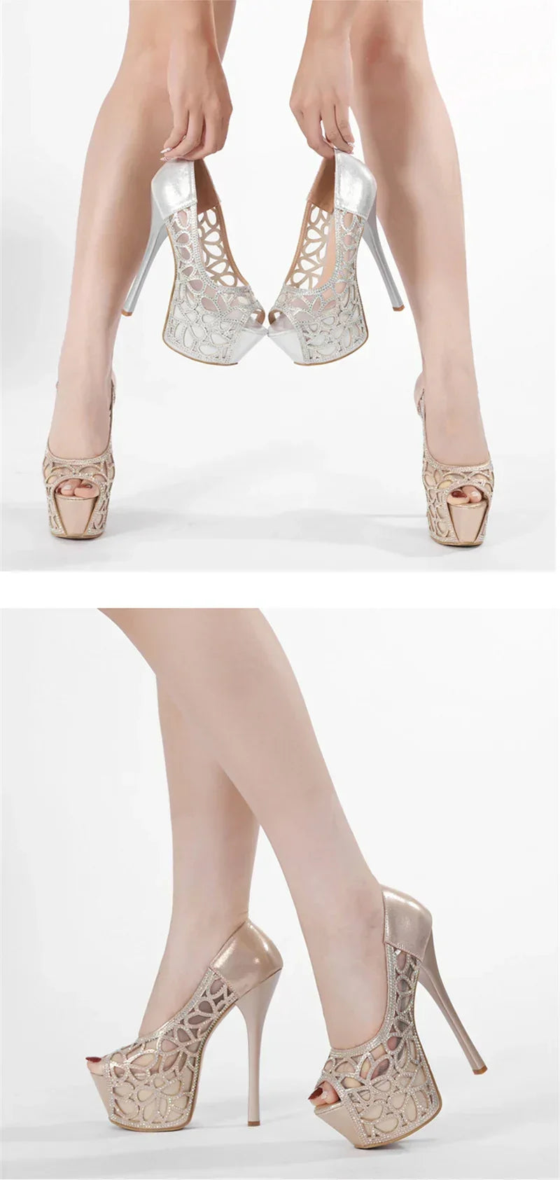 VougeVamp Elegant Peep Toe Crystal Rhinestone Pumps - High Heel Platform Slingbacks for Weddings
