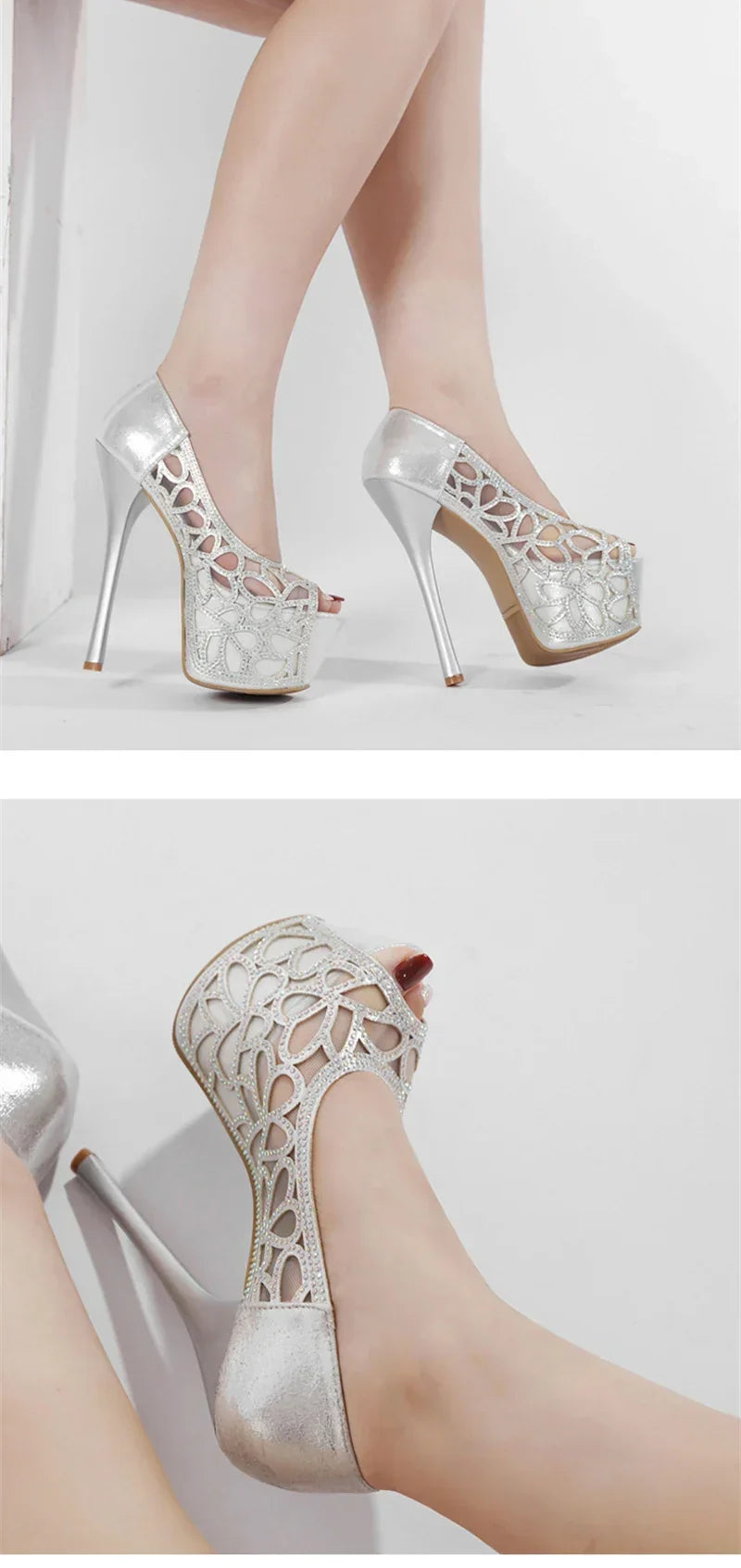 VougeVamp Elegant Peep Toe Crystal Rhinestone Pumps - High Heel Platform Slingbacks for Weddings