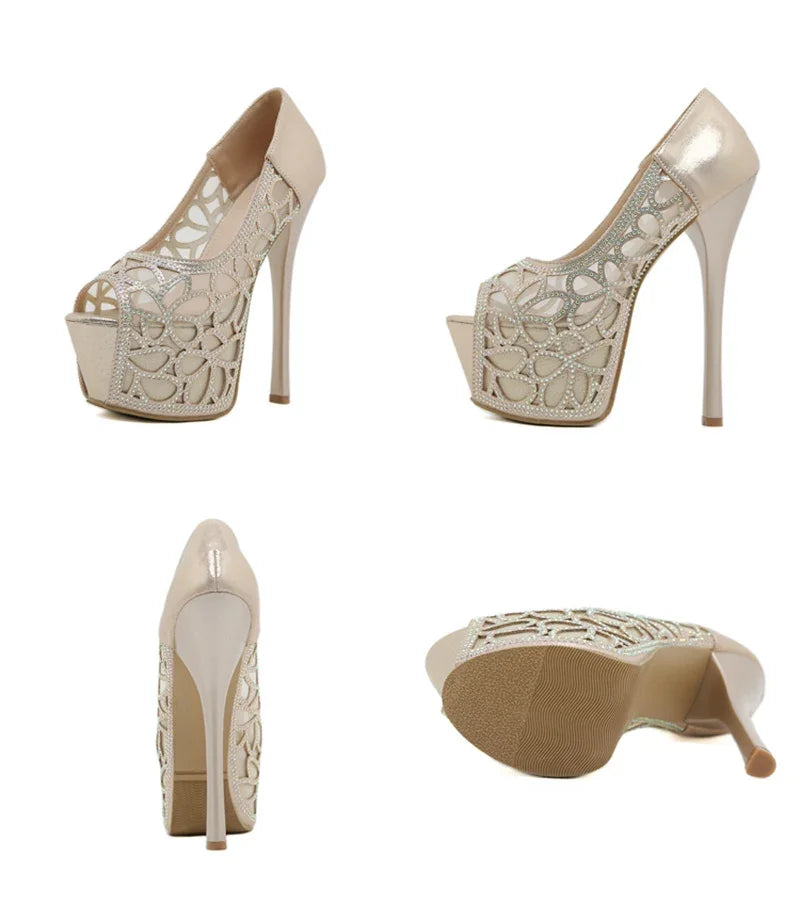VougeVamp Elegant Peep Toe Crystal Rhinestone Pumps - High Heel Platform Slingbacks for Weddings