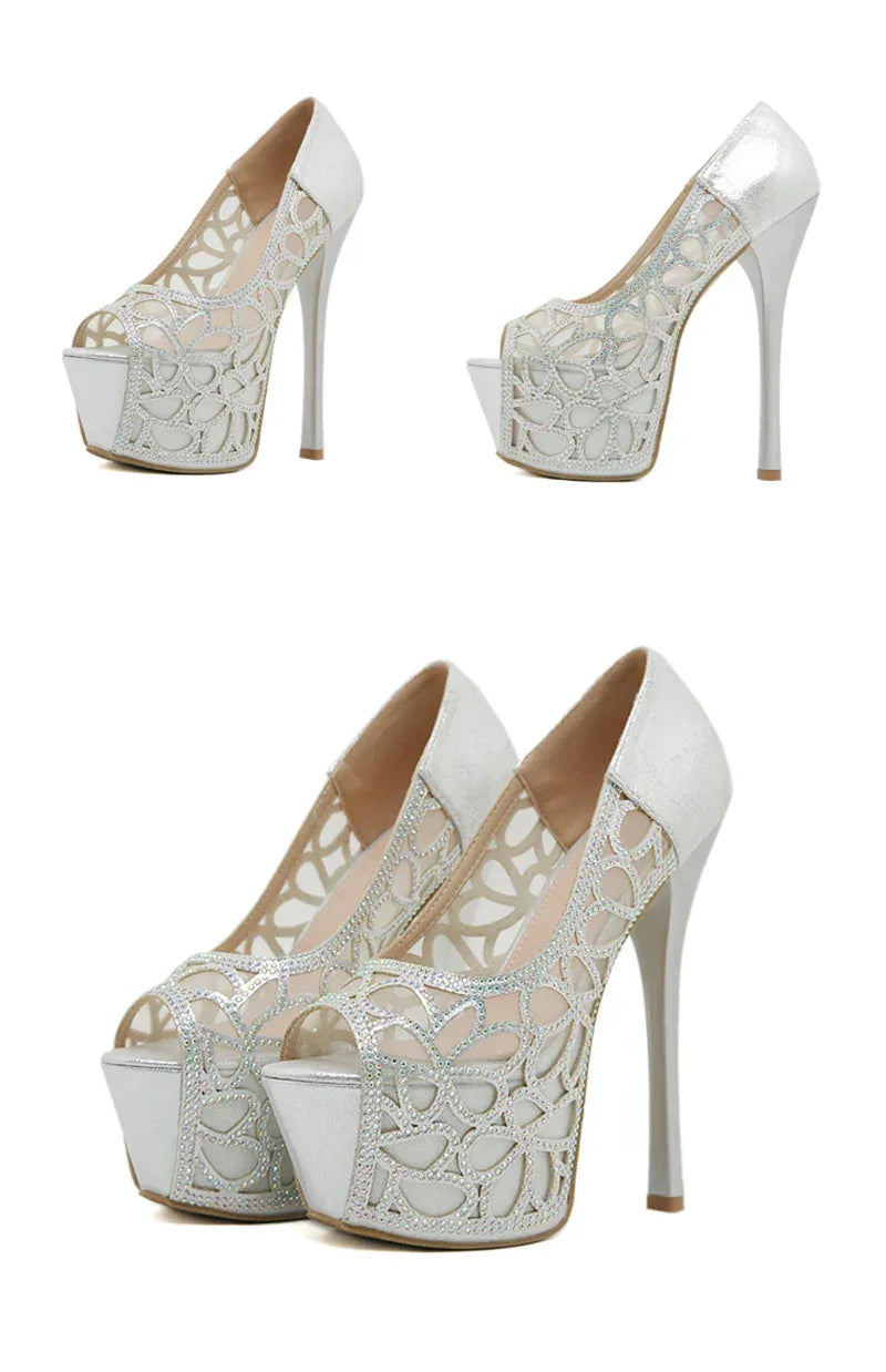 VougeVamp Elegant Peep Toe Crystal Rhinestone Pumps - High Heel Platform Slingbacks for Weddings