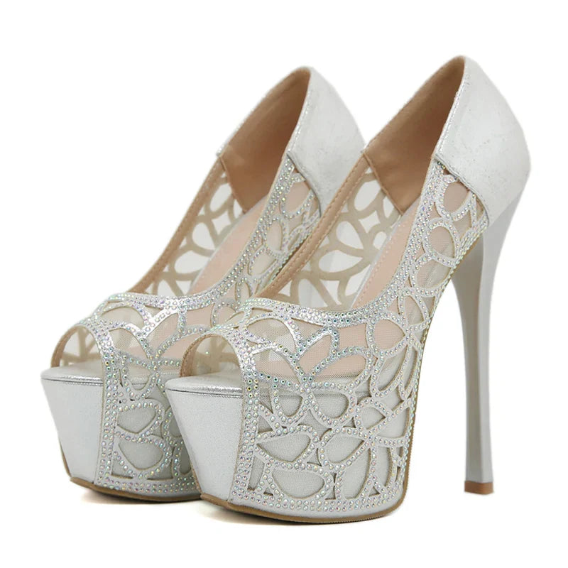 VougeVamp Elegant Peep Toe Crystal Rhinestone Pumps - High Heel Platform Slingbacks for Weddings
