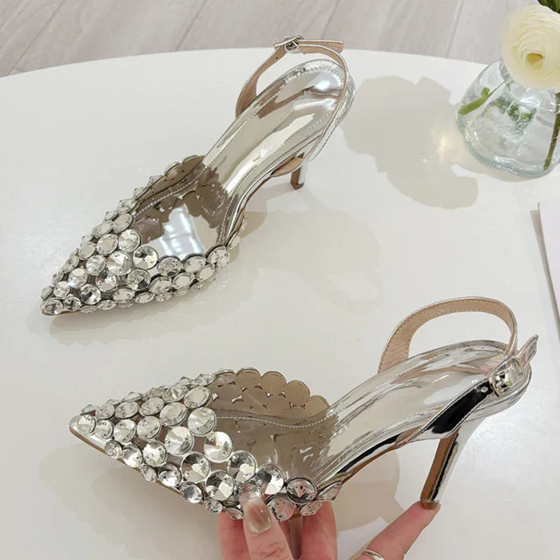 VougeVamp Elegant Pointed Toe Slingback Stiletto Pumps - Crystal Diamond High Heel Wedding Sandals