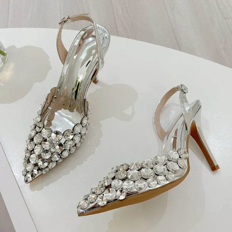 VougeVamp Elegant Pointed Toe Slingback Stiletto Pumps - Crystal Diamond High Heel Wedding Sandals