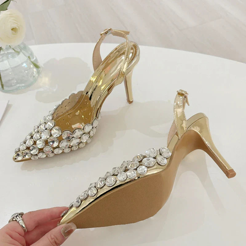 VougeVamp Elegant Pointed Toe Slingback Stiletto Pumps - Crystal Diamond High Heel Wedding Sandals