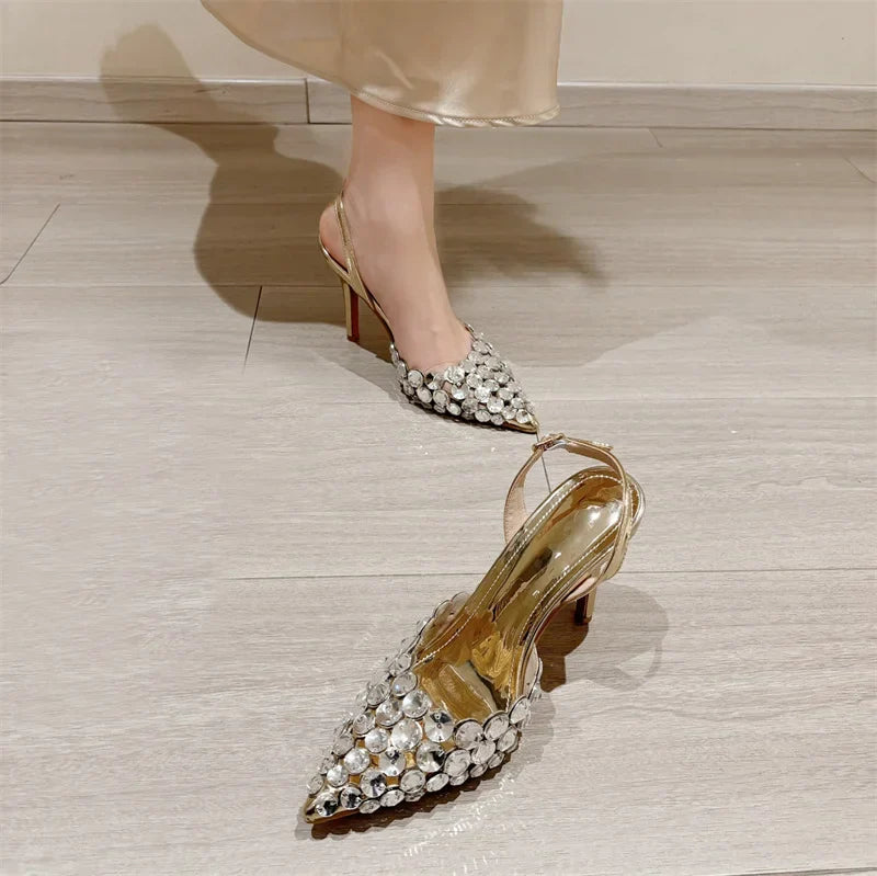 VougeVamp Elegant Pointed Toe Slingback Stiletto Pumps - Crystal Diamond High Heel Wedding Sandals