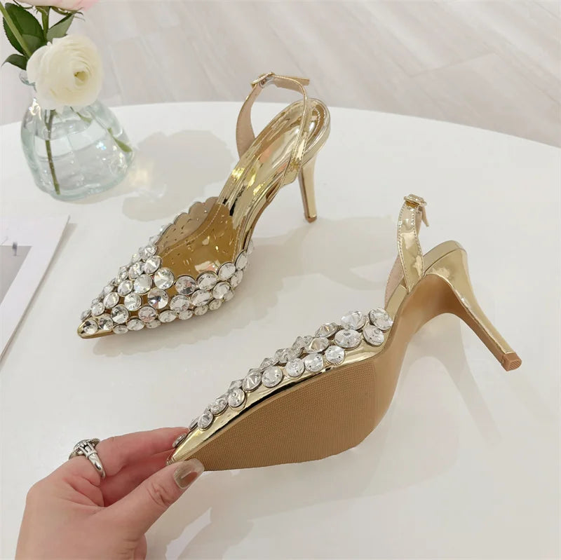 VougeVamp Elegant Pointed Toe Slingback Stiletto Pumps - Crystal Diamond High Heel Wedding Sandals