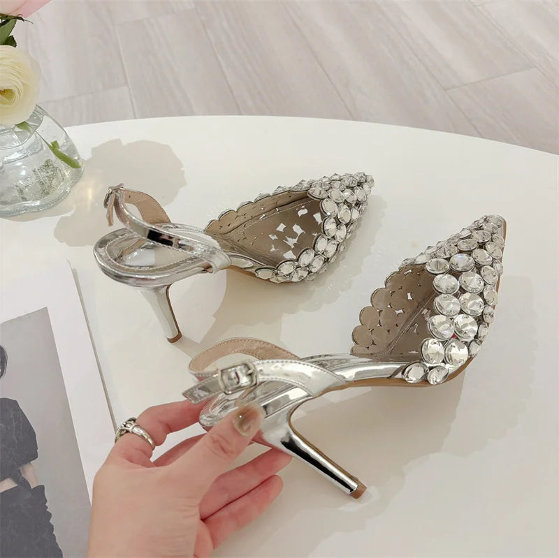 VougeVamp Elegant Pointed Toe Slingback Stiletto Pumps - Crystal Diamond High Heel Wedding Sandals