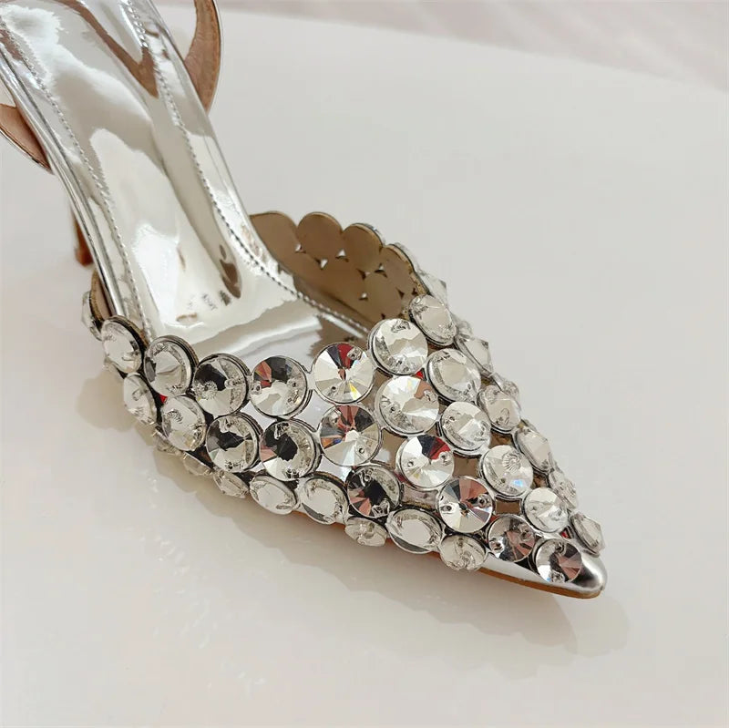 VougeVamp Elegant Pointed Toe Slingback Stiletto Pumps - Crystal Diamond High Heel Wedding Sandals
