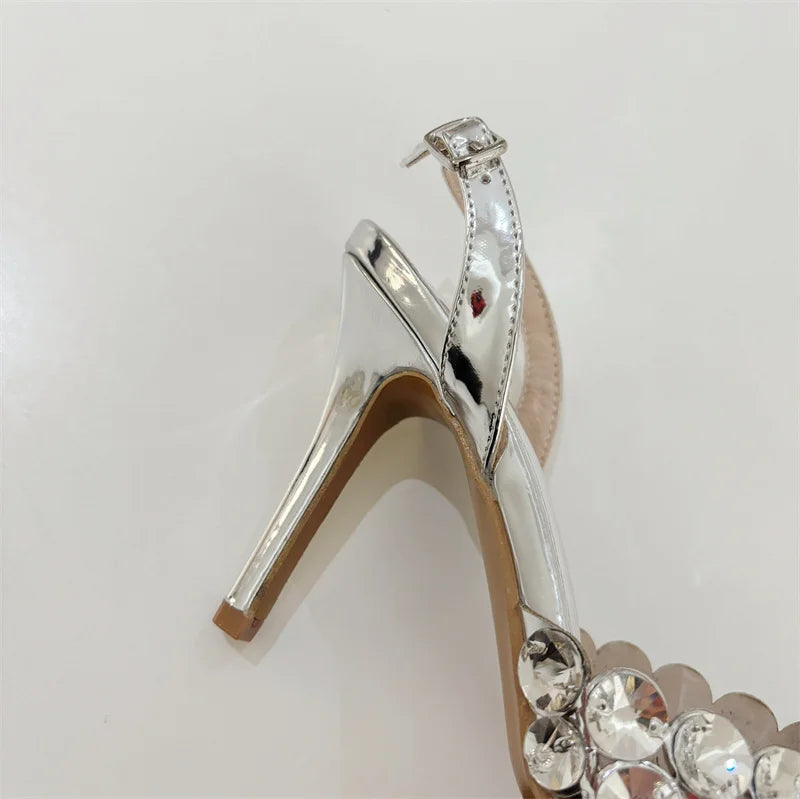 VougeVamp Elegant Pointed Toe Slingback Stiletto Pumps - Crystal Diamond High Heel Wedding Sandals