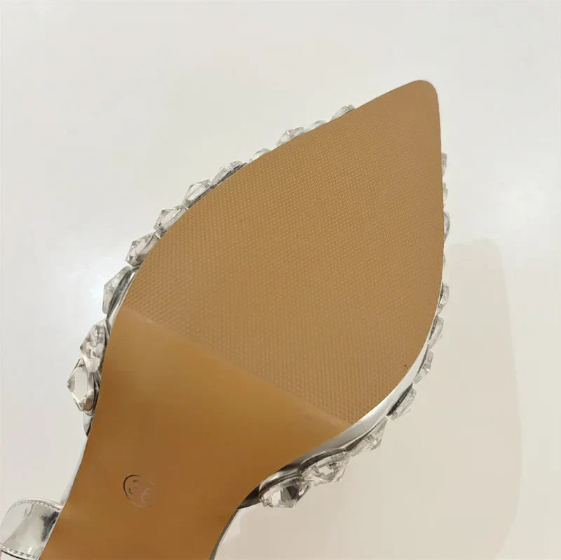 VougeVamp Elegant Pointed Toe Slingback Stiletto Pumps - Crystal Diamond High Heel Wedding Sandals