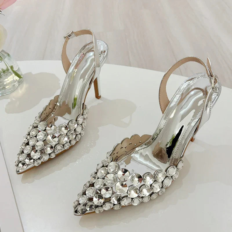 VougeVamp Elegant Pointed Toe Slingback Stiletto Pumps - Crystal Diamond High Heel Wedding Sandals