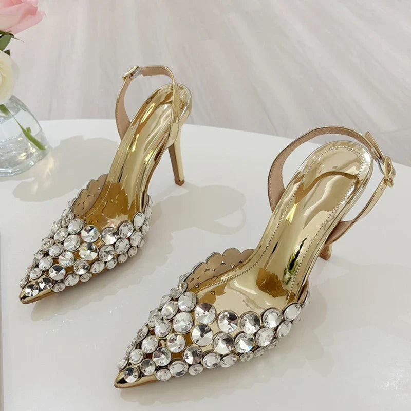 VougeVamp Elegant Pointed Toe Slingback Stiletto Pumps - Crystal Diamond High Heel Wedding Sandals