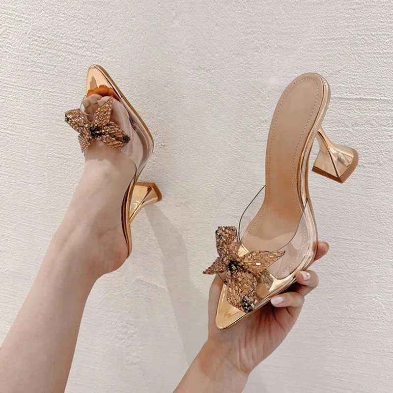 PVC Transparent Mules - Rhinestone Bowknot High Heel Slides for Summer