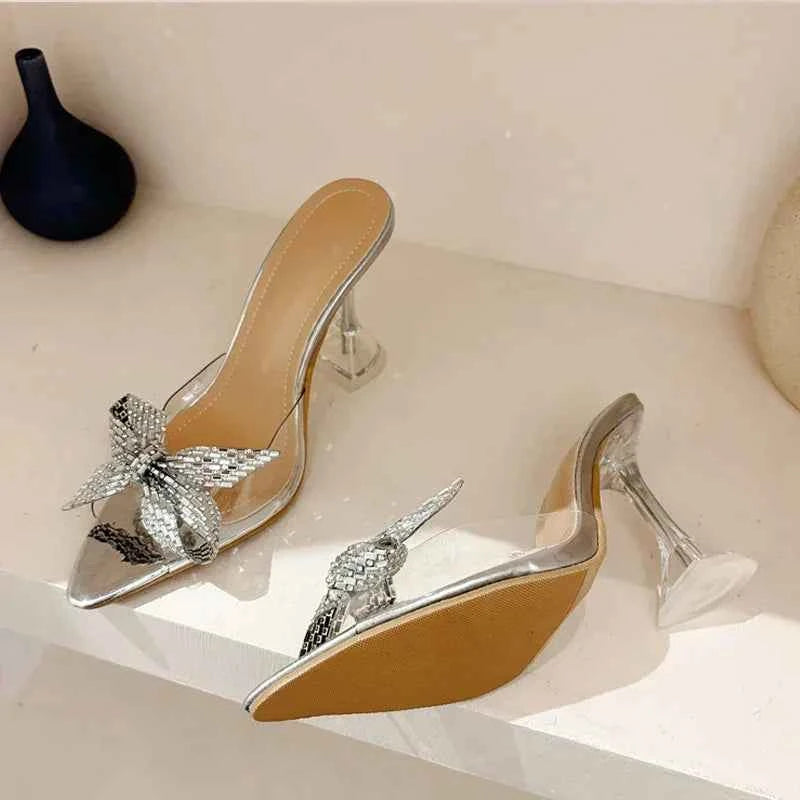 PVC Transparent Mules - Rhinestone Bowknot High Heel Slides for Summer