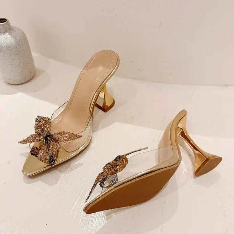 PVC Transparent Mules - Rhinestone Bowknot High Heel Slides for Summer