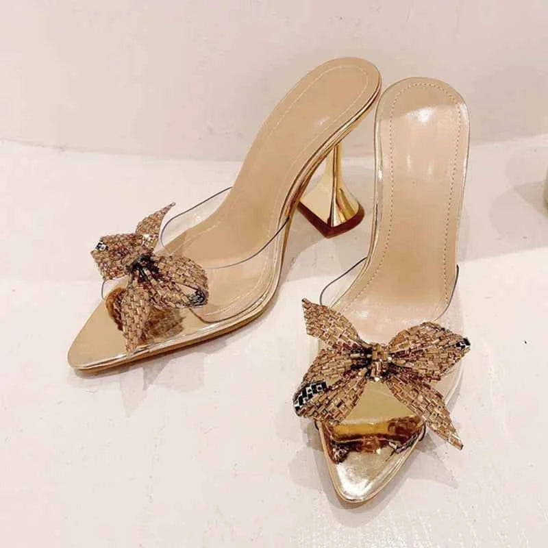 PVC Transparent Mules - Rhinestone Bowknot High Heel Slides for Summer