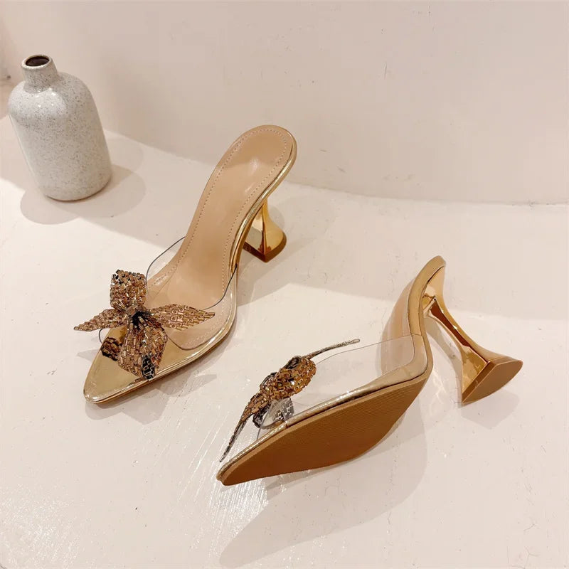 VougeVamp PVC Transparent Mules - Rhinestone Bowknot High Heel Slides for Summer