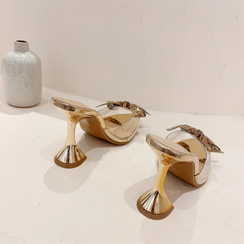 VougeVamp PVC Transparent Mules - Rhinestone Bowknot High Heel Slides for Summer