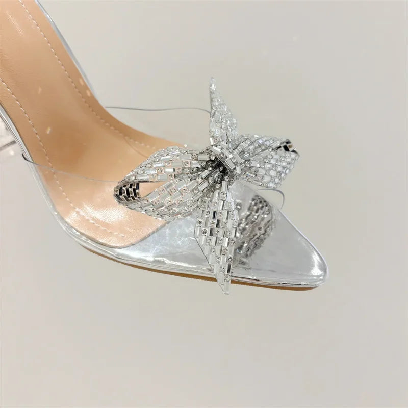 VougeVamp PVC Transparent Mules - Rhinestone Bowknot High Heel Slides for Summer