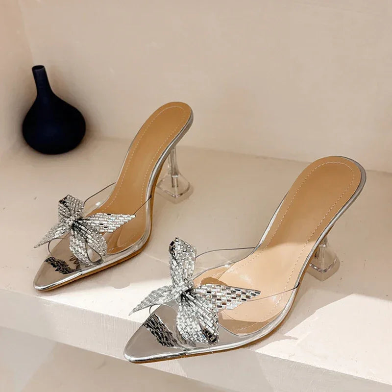 VougeVamp PVC Transparent Mules - Rhinestone Bowknot High Heel Slides for Summer