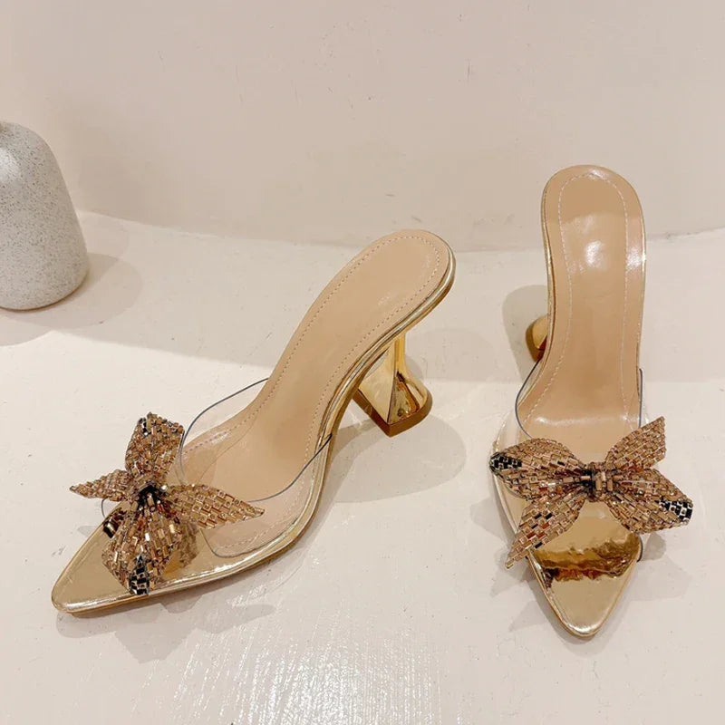VougeVamp PVC Transparent Mules - Rhinestone Bowknot High Heel Slides for Summer