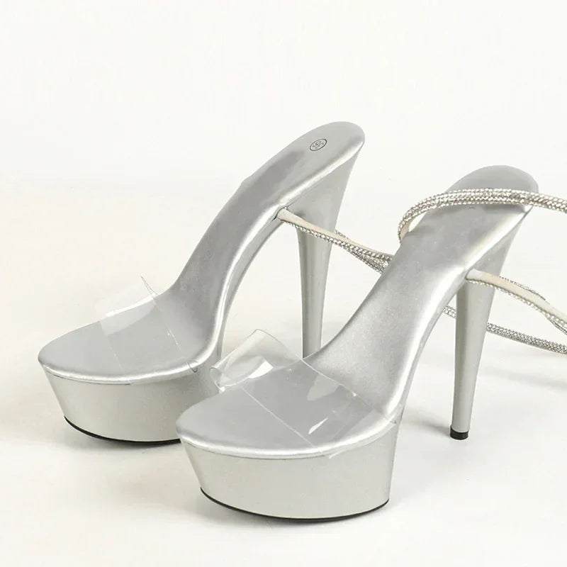 VougeVamp Red Crystal Rhinestone Ankle Strap Sandals - Transparent Super High Heel Platform Shoes