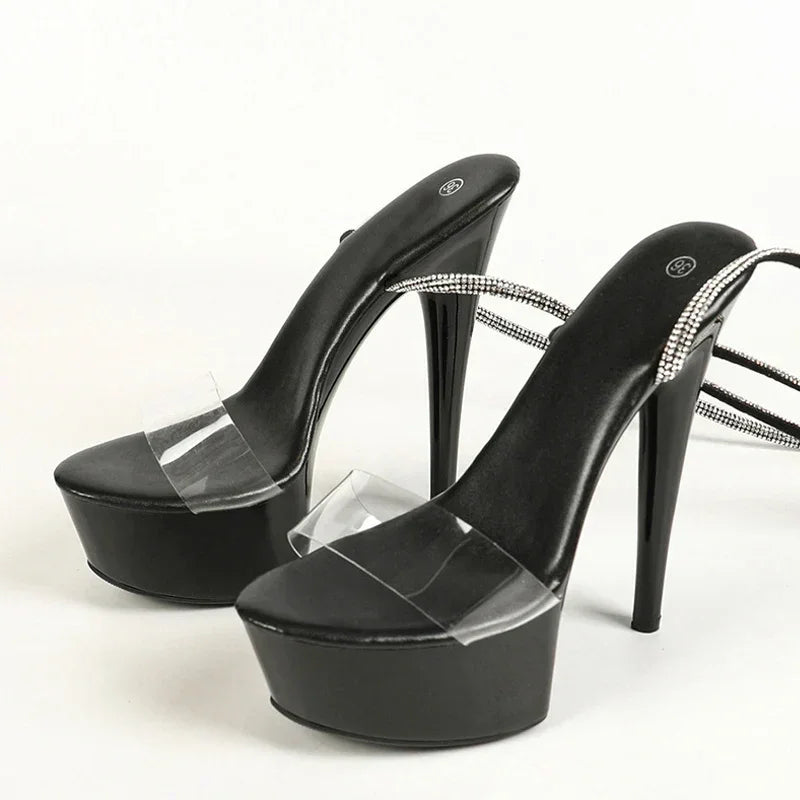 VougeVamp Red Crystal Rhinestone Ankle Strap Sandals - Transparent Super High Heel Platform Shoes