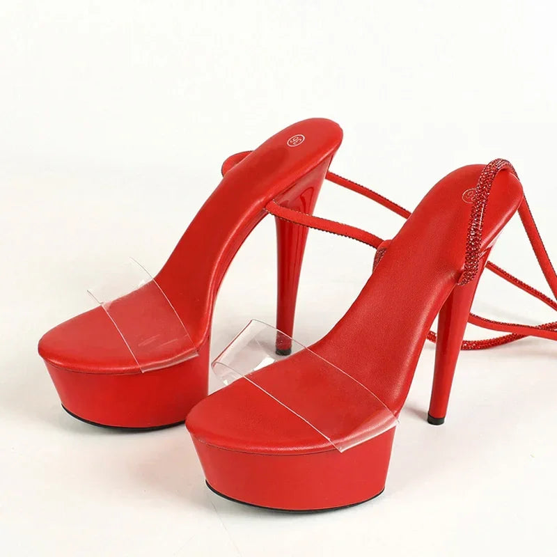 VougeVamp Red Crystal Rhinestone Ankle Strap Sandals - Transparent Super High Heel Platform Shoes