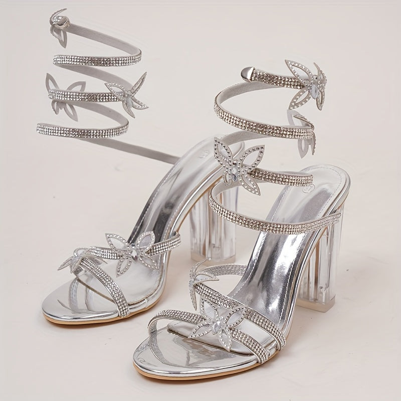 VougeVamp Luxe Snake Wrap Rhinestone High Heels – Transparent Block Heel Sandals - VougeVampUK