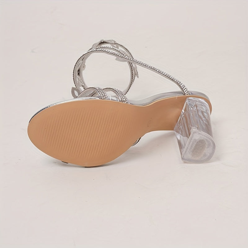 VougeVamp Luxe Snake Wrap Rhinestone High Heels – Transparent Block Heel Sandals - VougeVampUK