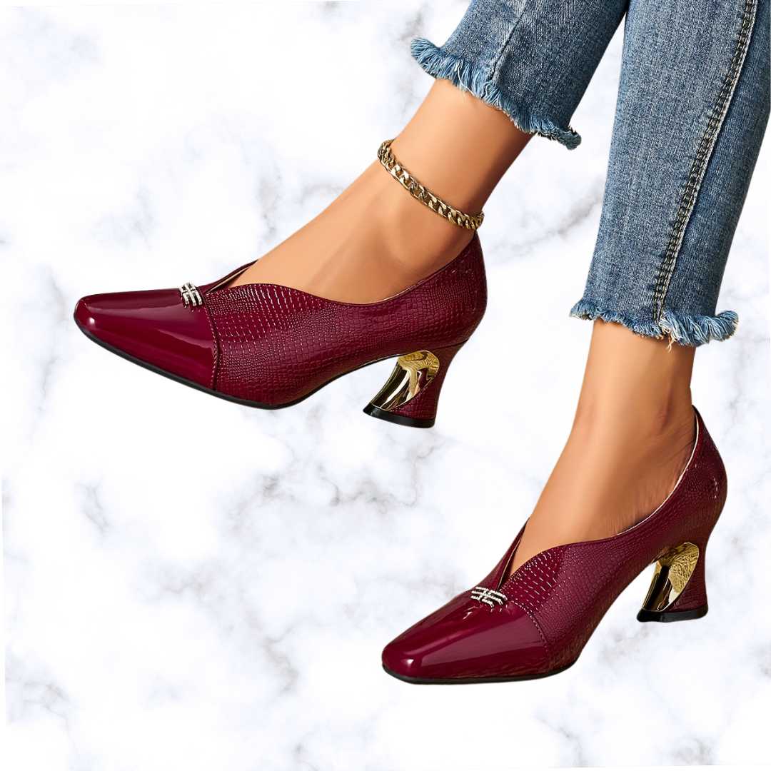 Handmade Chic Women's High Heels – Stylish Square Toe with Embossed Design