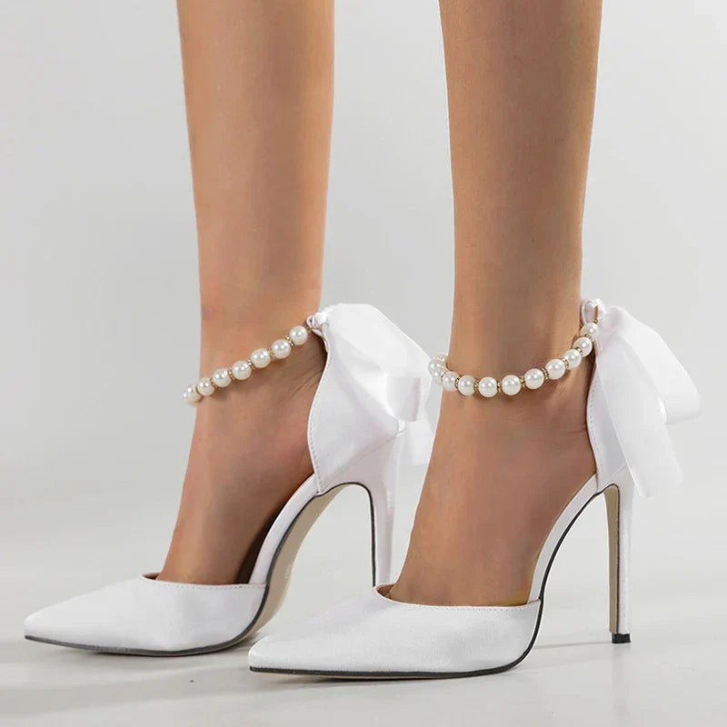 VougeVamp White, Black String Bead Slingback Pumps - Pointed Toe Stiletto High Heel Sandals for Women