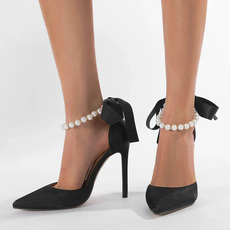 VougeVamp White, Black String Bead Slingback Pumps - Pointed Toe Stiletto High Heel Sandals for Women