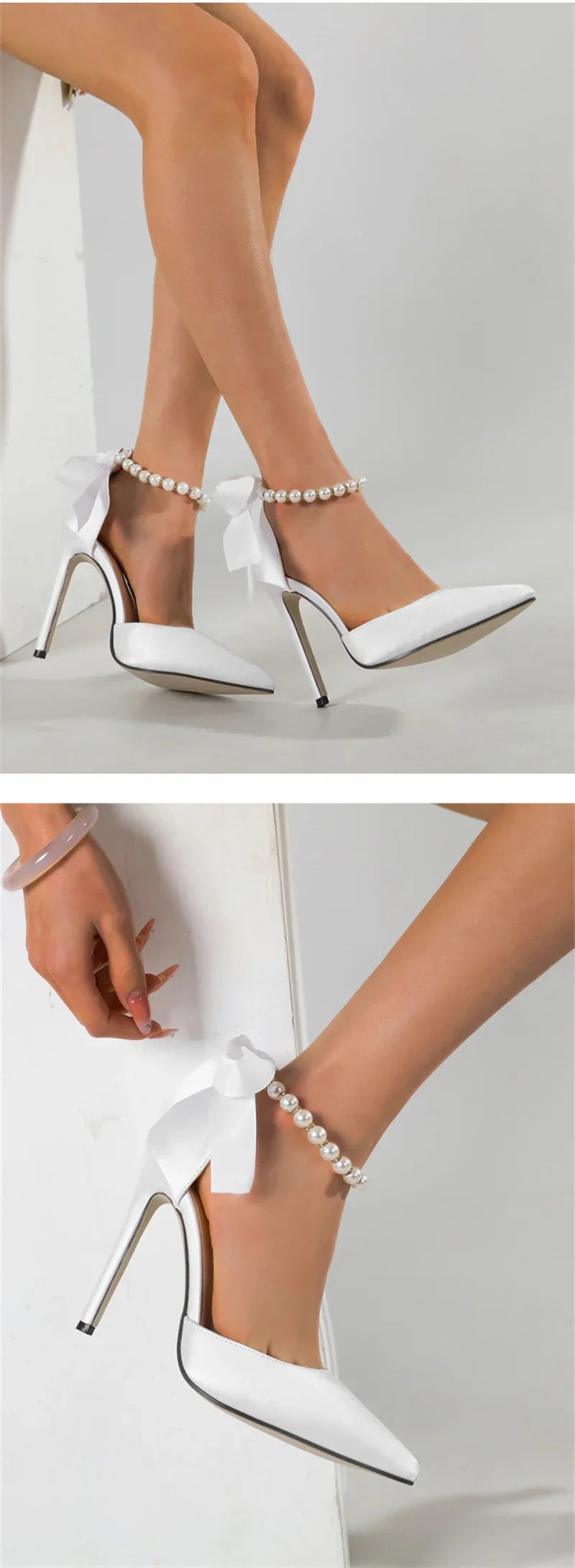 VougeVamp White, Black String Bead Slingback Pumps - Pointed Toe Stiletto High Heel Sandals for Women