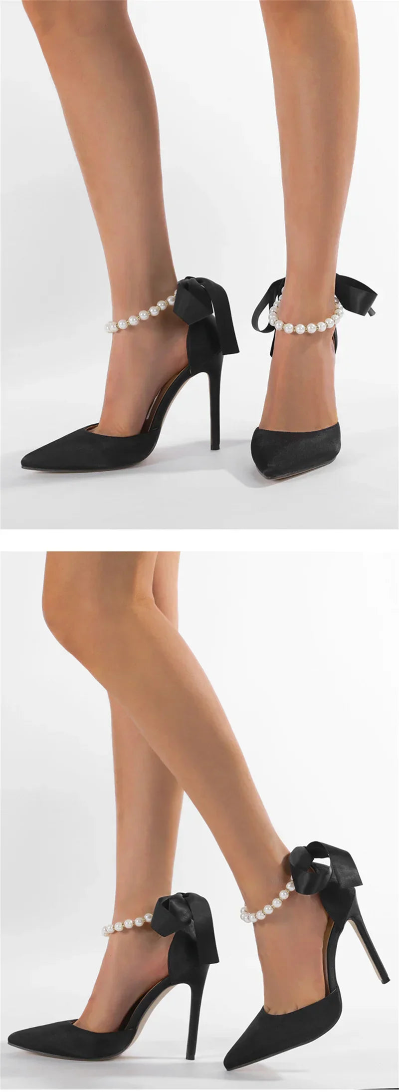 VougeVamp White, Black String Bead Slingback Pumps - Pointed Toe Stiletto High Heel Sandals for Women