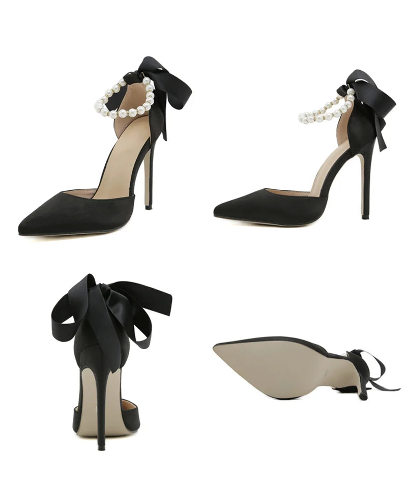 VougeVamp White, Black String Bead Slingback Pumps - Pointed Toe Stiletto High Heel Sandals for Women