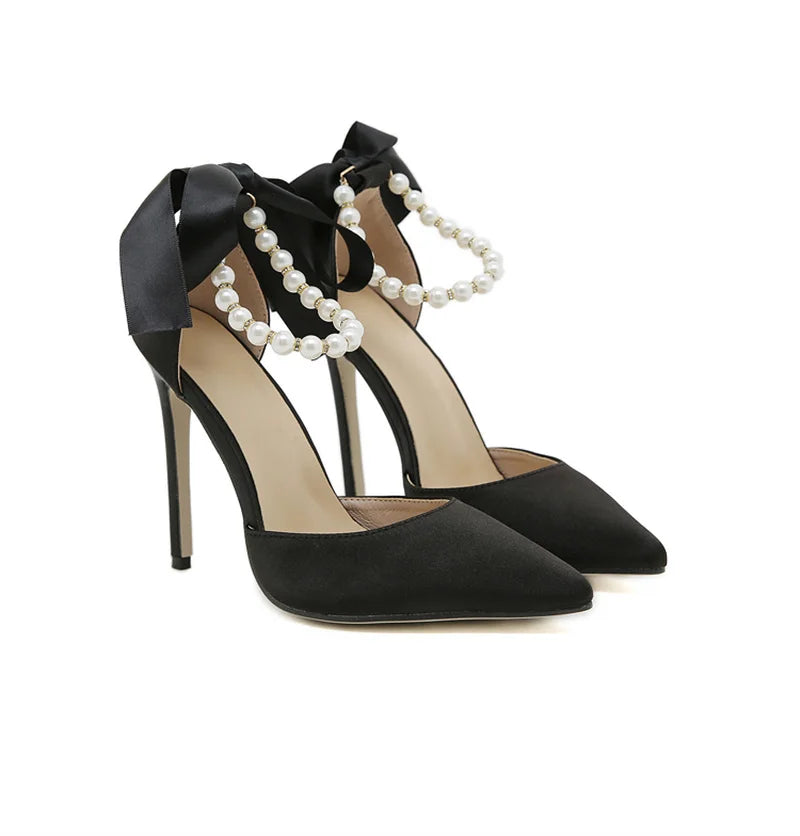 VougeVamp White, Black String Bead Slingback Pumps - Pointed Toe Stiletto High Heel Sandals for Women