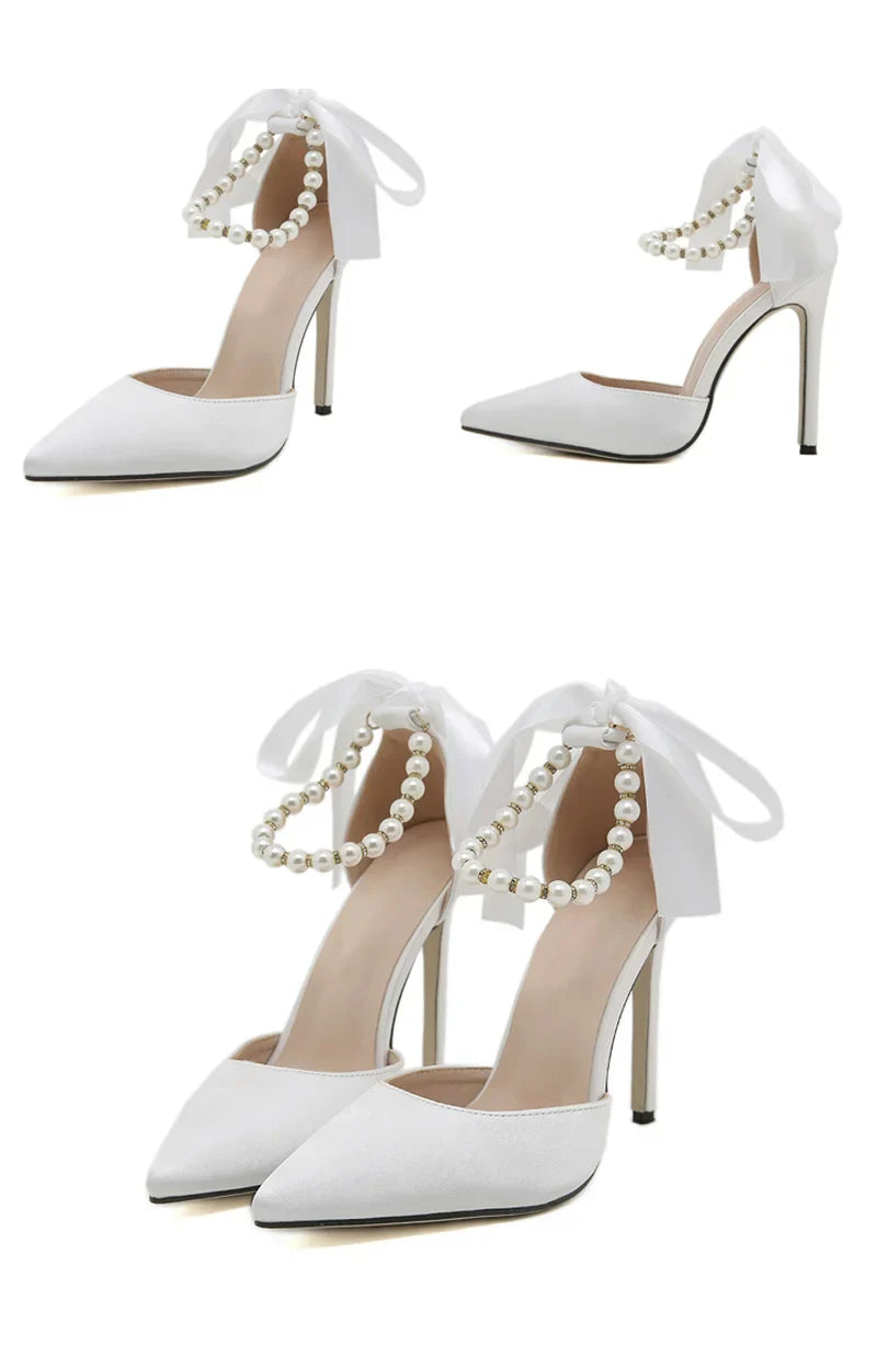 VougeVamp White, Black String Bead Slingback Pumps - Pointed Toe Stiletto High Heel Sandals for Women